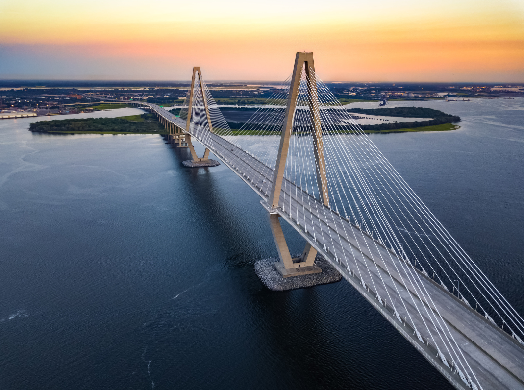 The Arthur Ravenal Junior Bridge in Charleston SC at sunset.